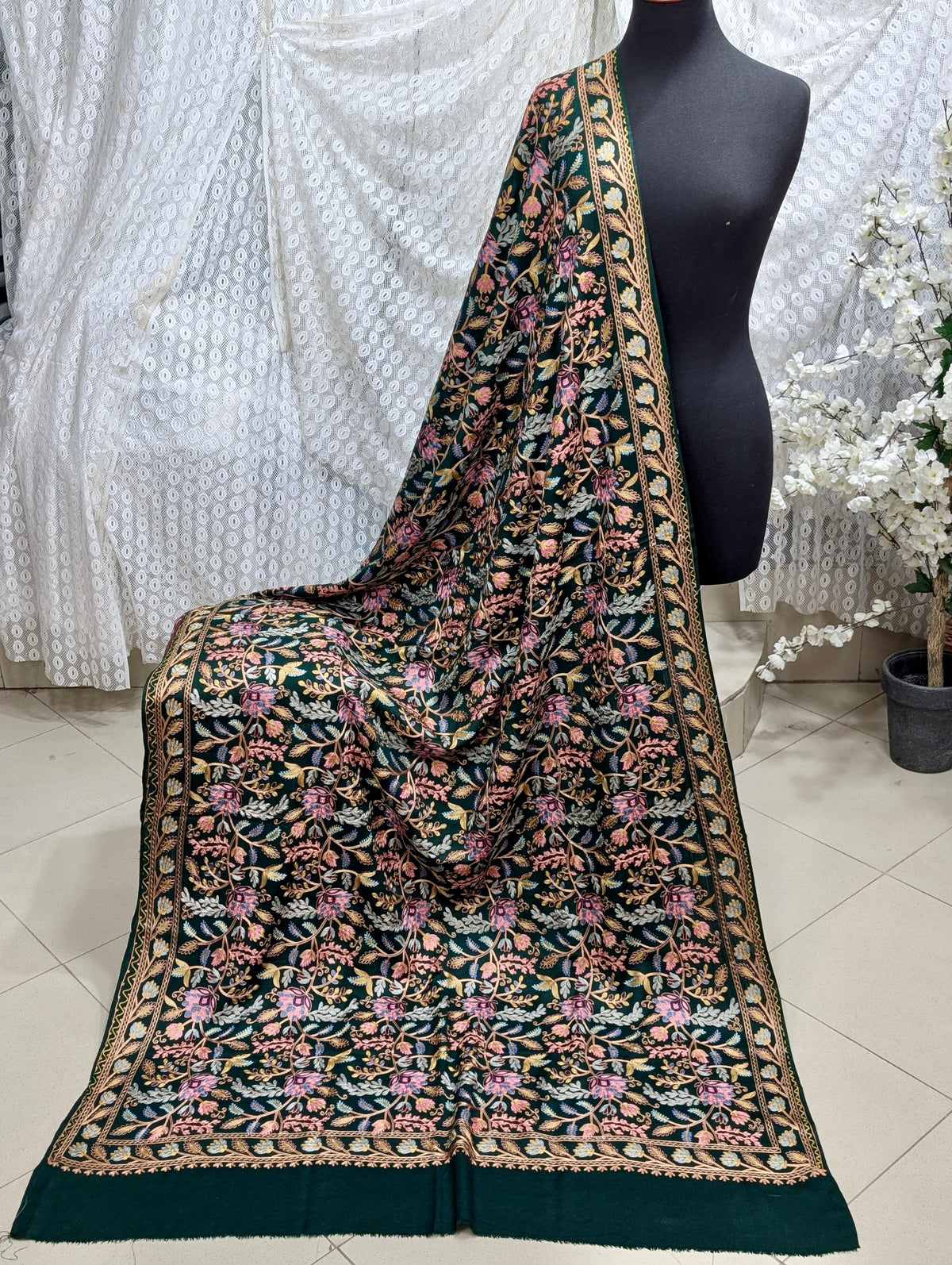 Kashmiri Jaal Shawl | Full Embroidered Shawl Resham Work Aar Embroidery | Green