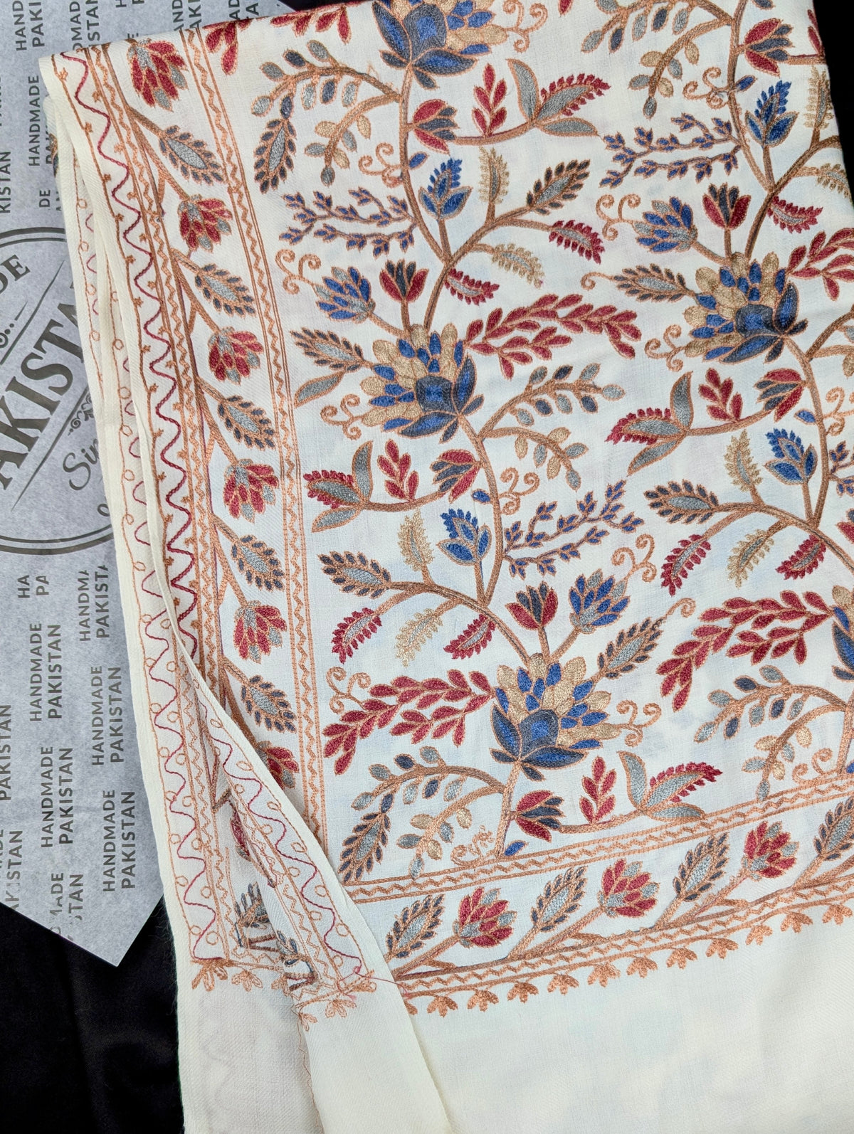 Kashmiri Jaal Shawl | Full Embroidered Shawl Resham Work Aar Embroidery | Off White