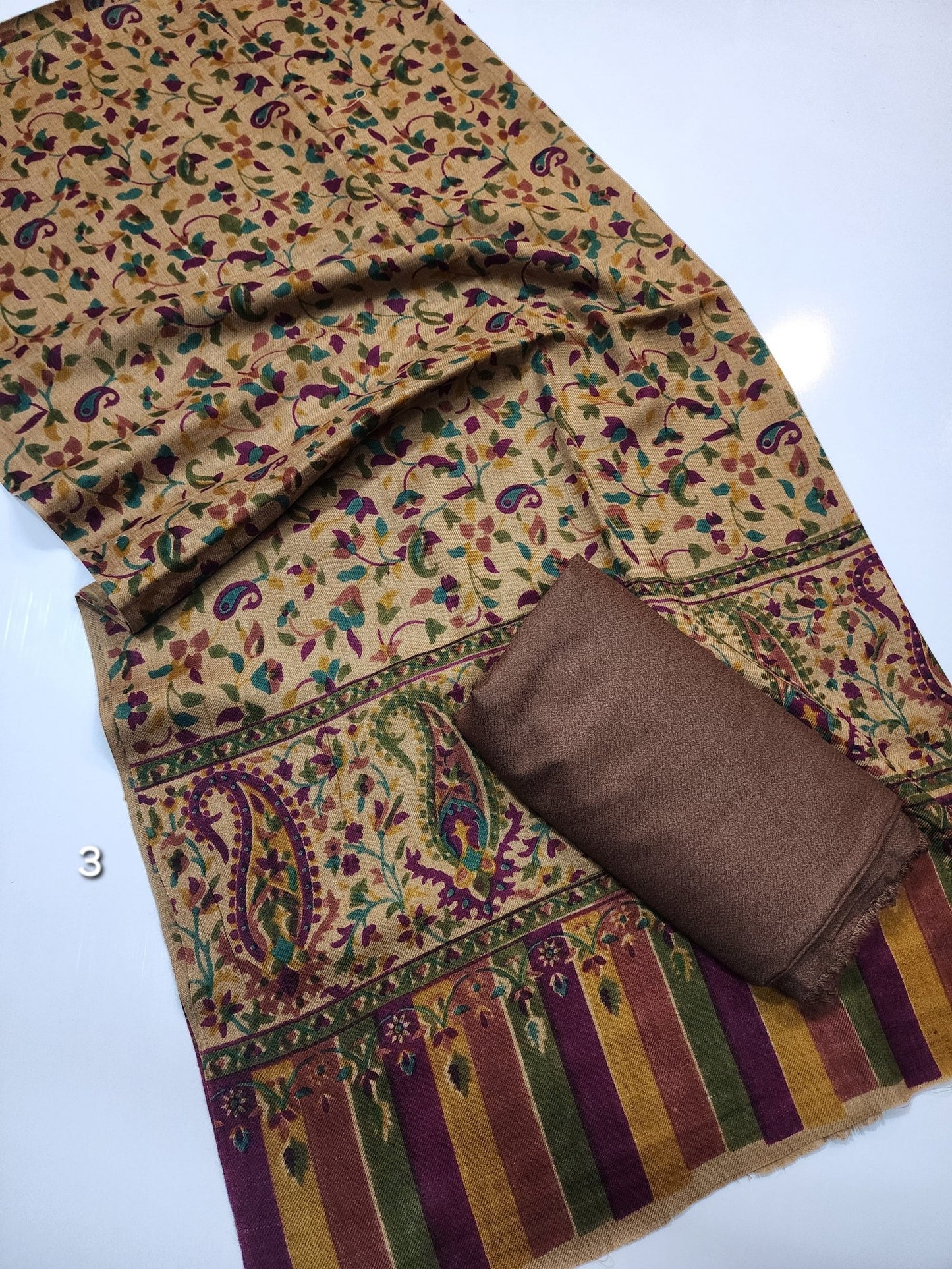Pashmina 3 Piece Suit | Printed Pashmina Shawl with Marina Plain Suit Perfect Winter Suit