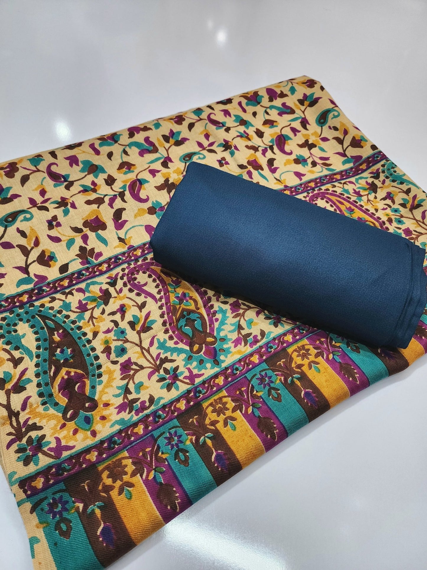 Pashmina 3 Piece Suit | Printed Pashmina Shawl with Marina Plain Suit Perfect Winter Suit