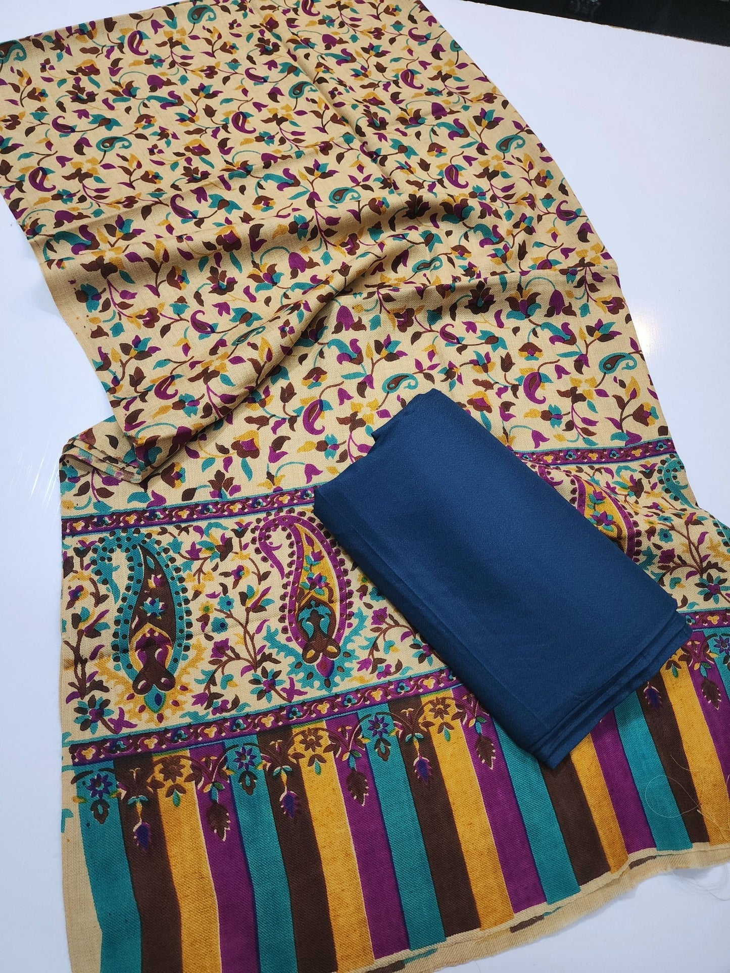 Pashmina 3 Piece Suit | Printed Pashmina Shawl with Marina Plain Suit Perfect Winter Suit