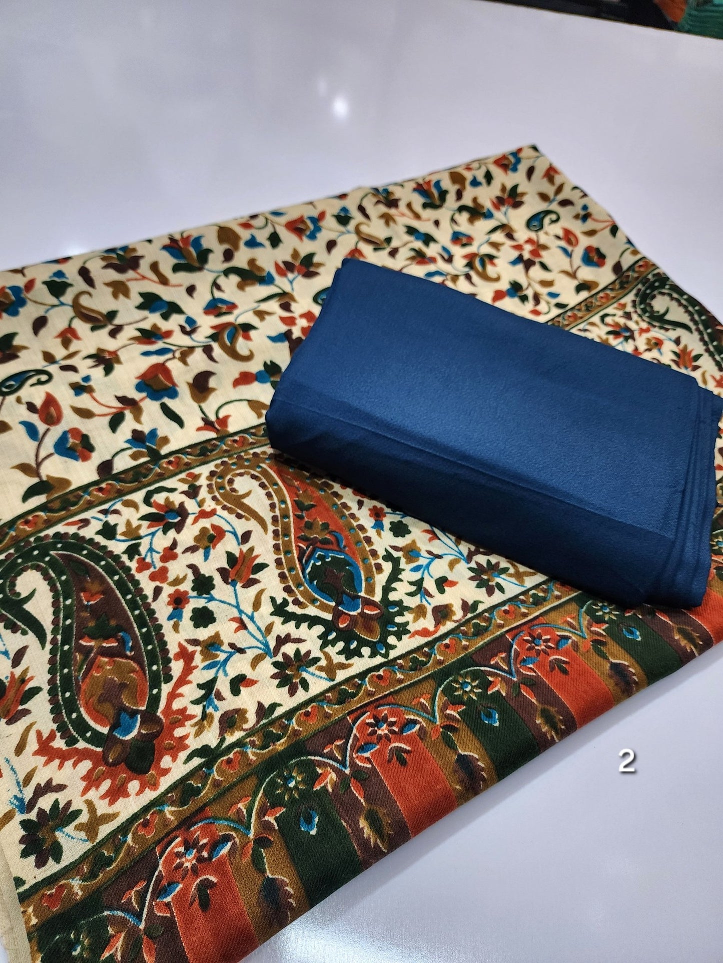 Pashmina 3 Piece Suit | Printed Pashmina Shawl with Marina Plain Suit Perfect Winter Suit