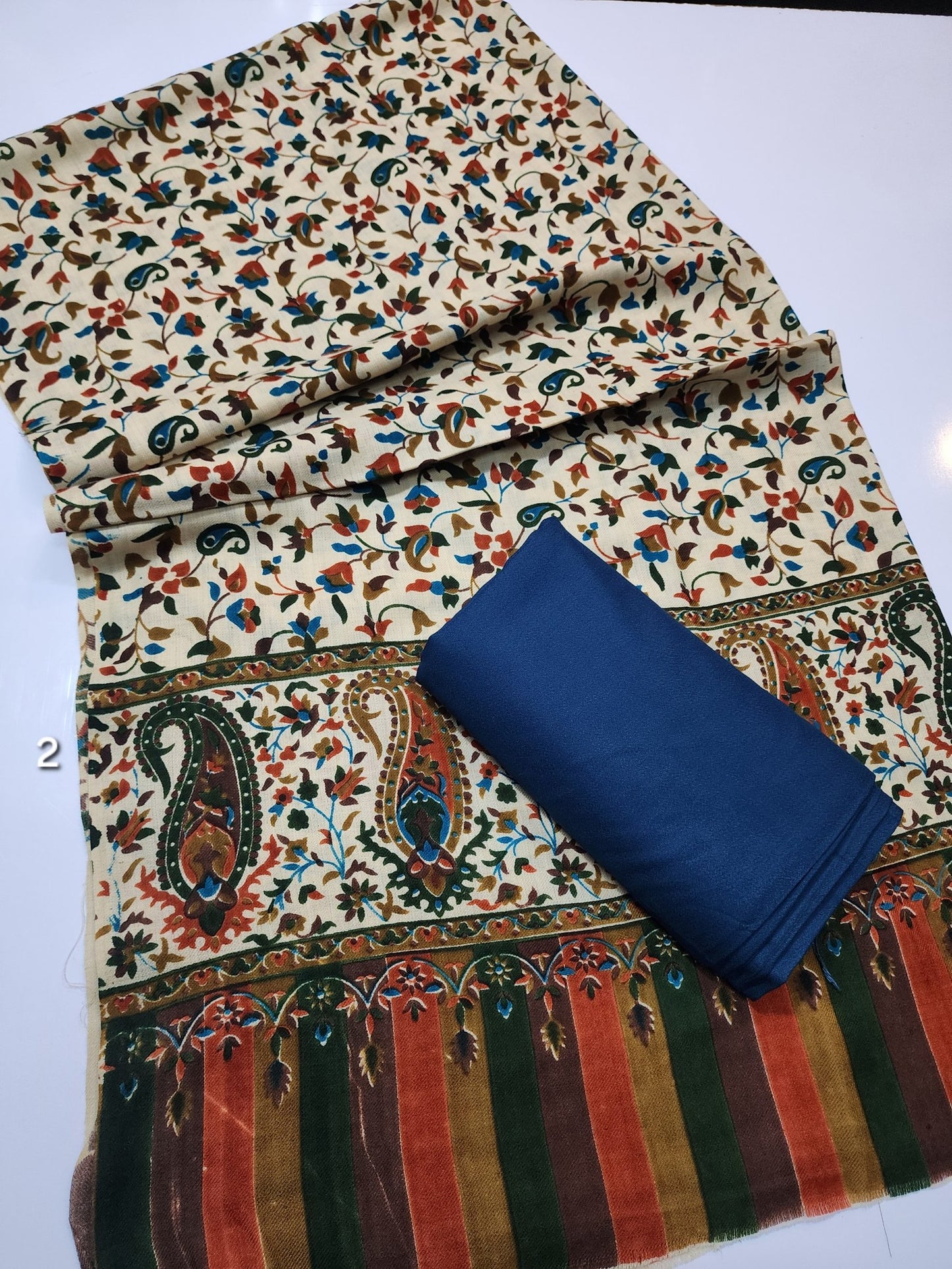 Pashmina 3 Piece Suit | Printed Pashmina Shawl with Marina Plain Suit Perfect Winter Suit