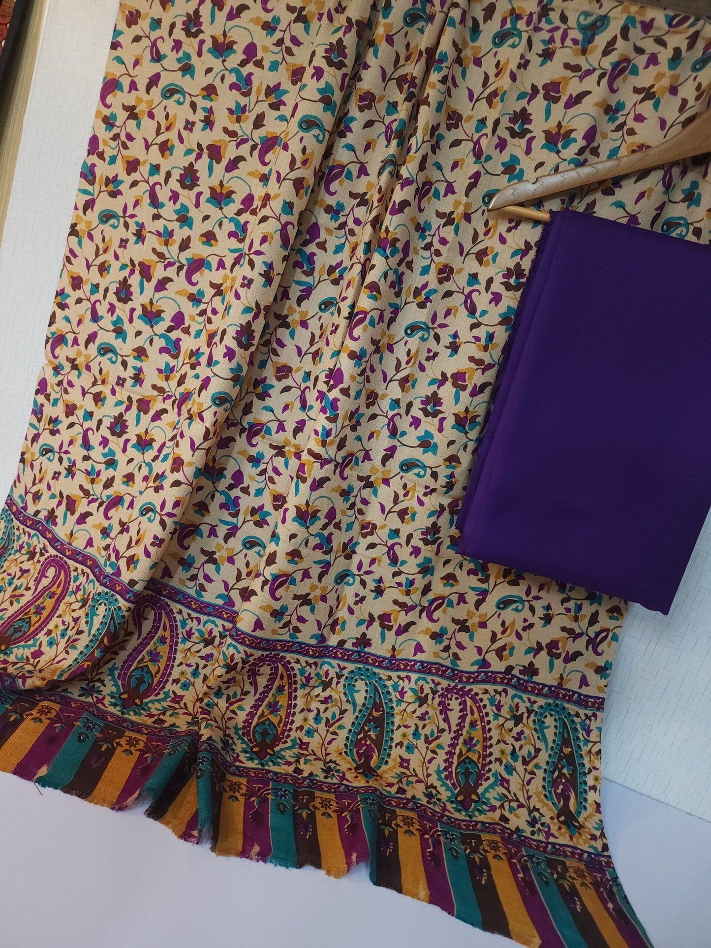 Pashmina 3 Piece Suit | Printed Pashmina Shawl with Marina Plain Suit Perfect Winter Suit