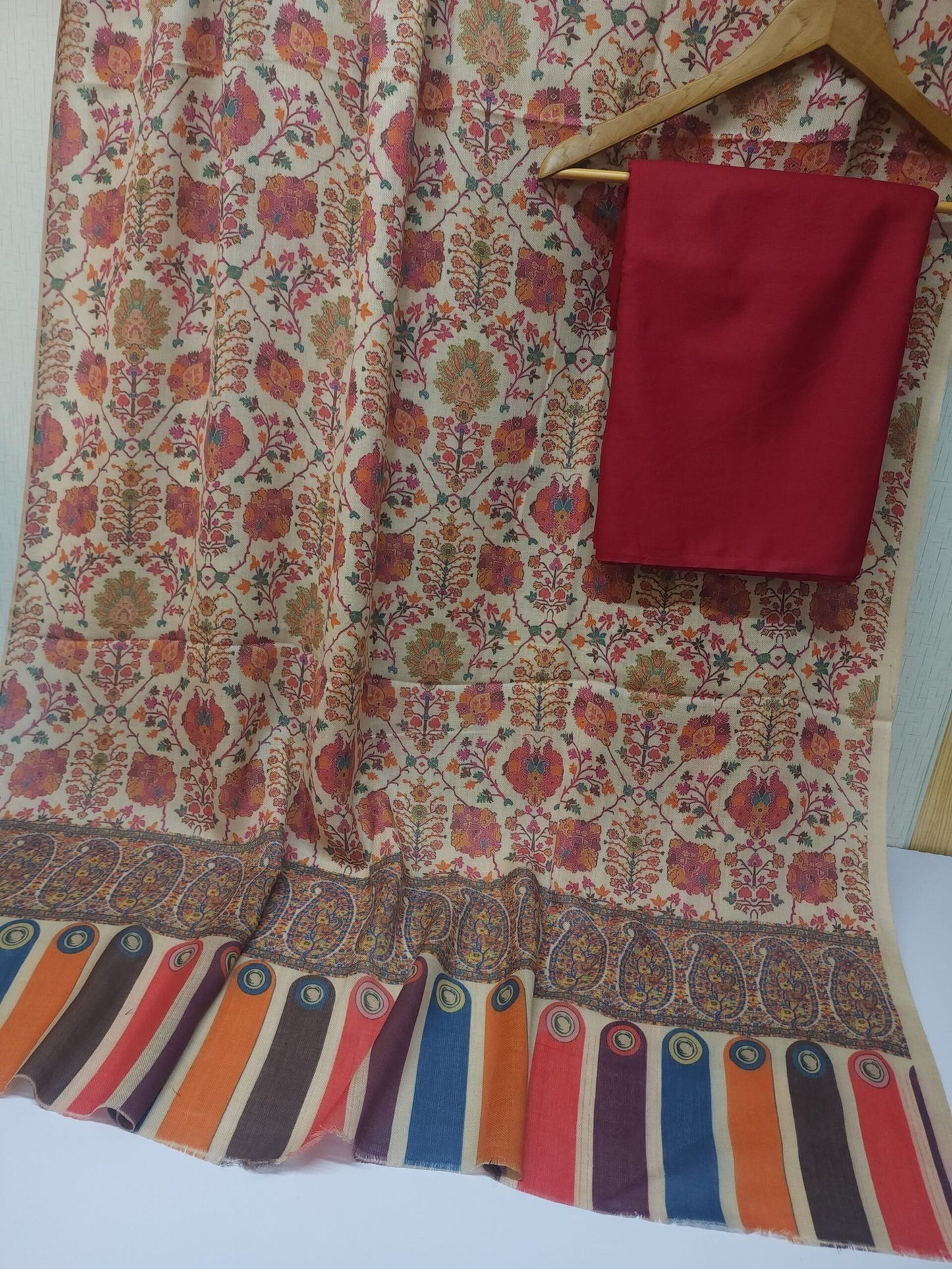 Pashmina 3 Piece Suit | Printed Pashmina Shawl with Marina Plain Suit Perfect Winter Suit