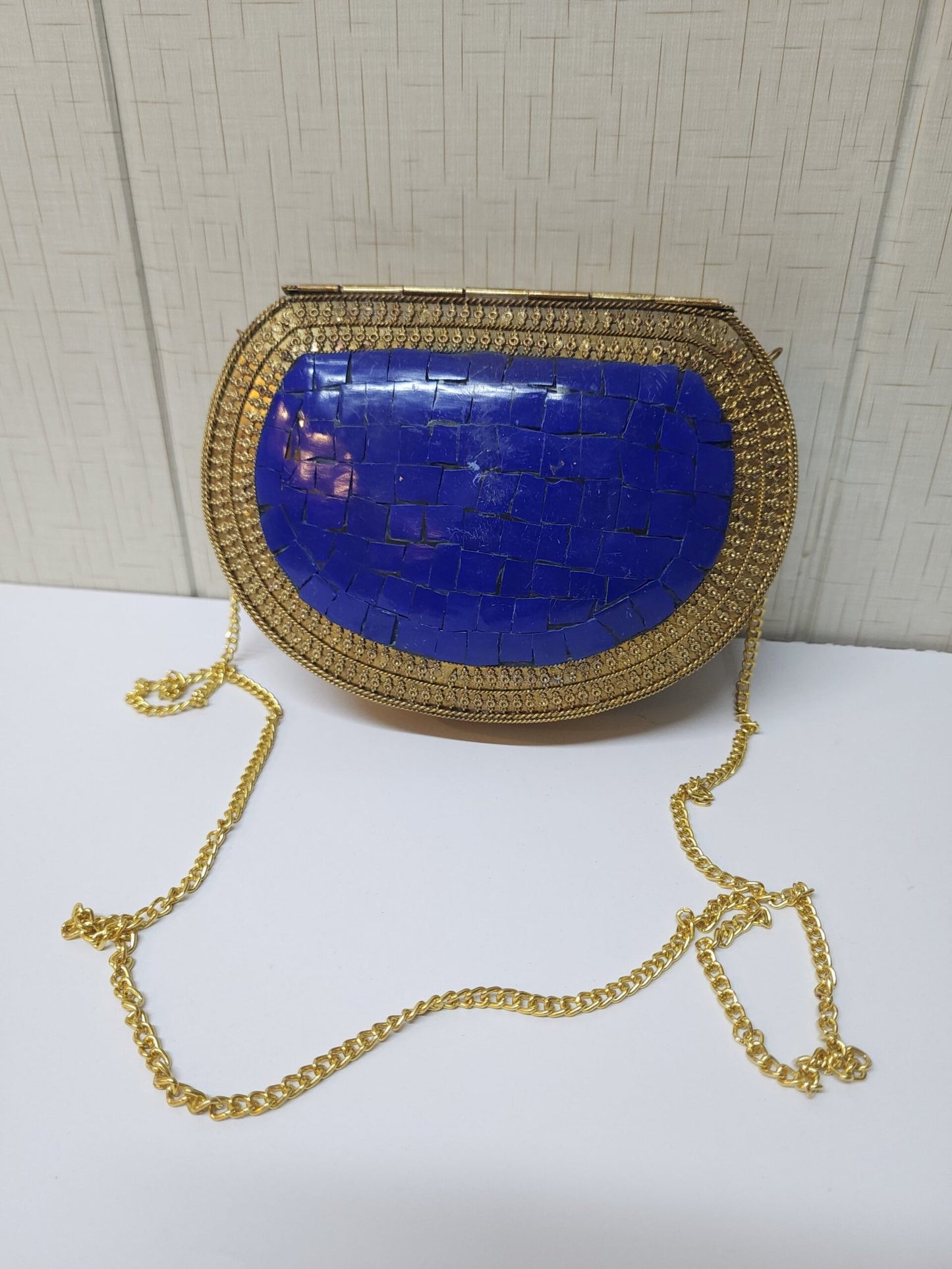 Metal Clutch Large Handmade Stonework Antique Details Perfect Gift | Navy Blue