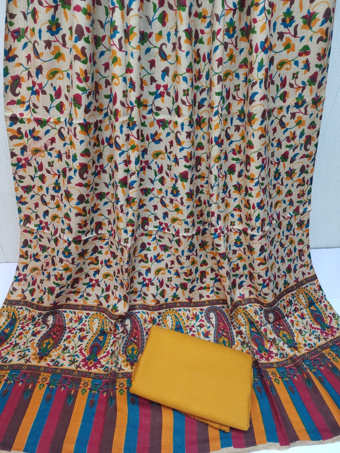Pashmina 3 Piece Suit | Printed Pashmina Shawl with Marina Plain Suit Perfect Winter Suit | Mustard