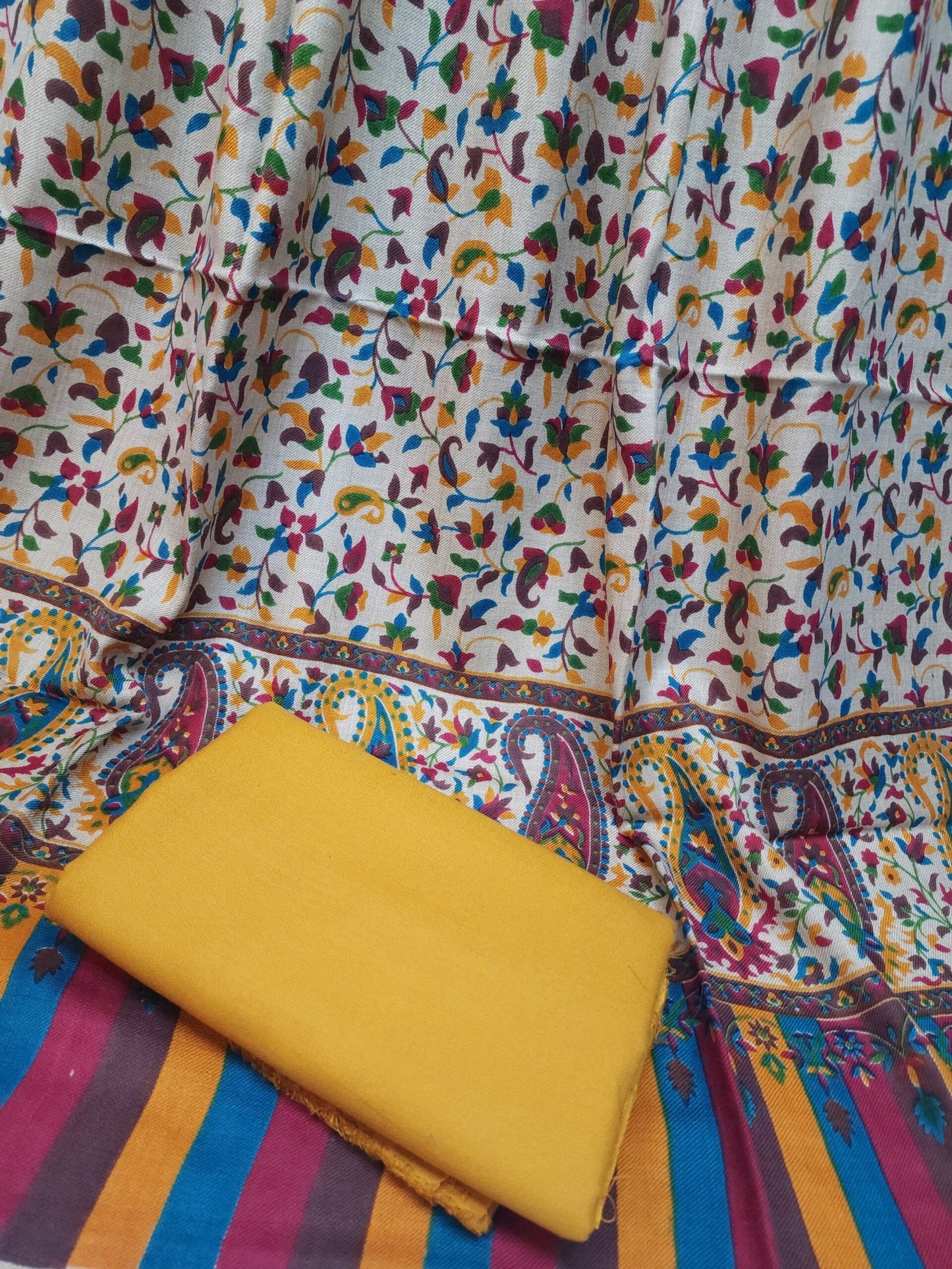 Pashmina 3 Piece Suit | Printed Pashmina Shawl with Marina Plain Suit Perfect Winter Suit | Mustard
