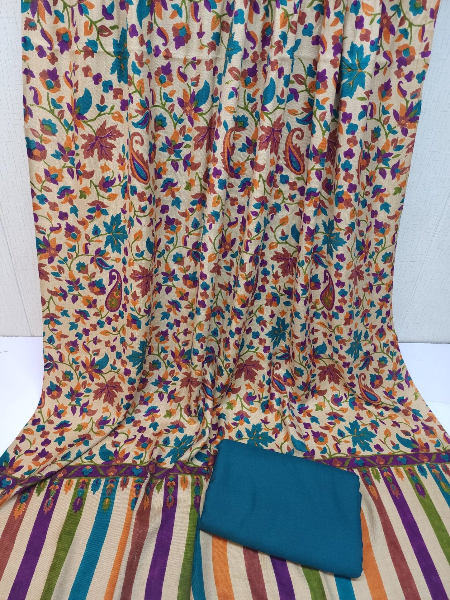 Pashmina 3 Piece Suit | Printed Pashmina Shawl with Marina Plain Suit Perfect Winter Suit | Dark Sea Green