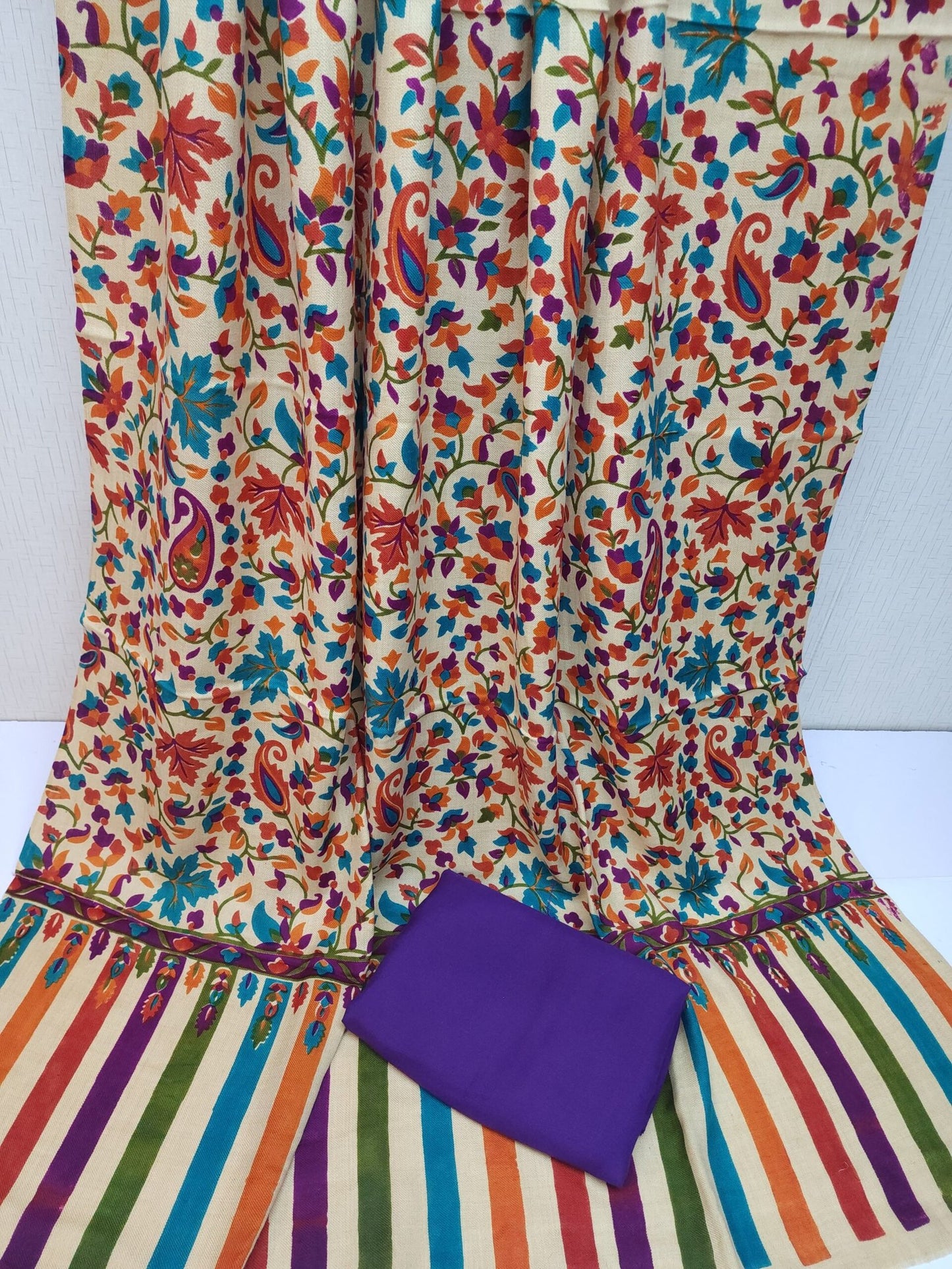 Pashmina 3 Piece Suit | Printed Pashmina Shawl with Marina Plain Suit Perfect Winter Suit | Purple