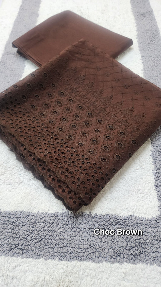 Chikankari Lawn 2 Piece Suit Daman Bore Long Length Suit | Choc Brown