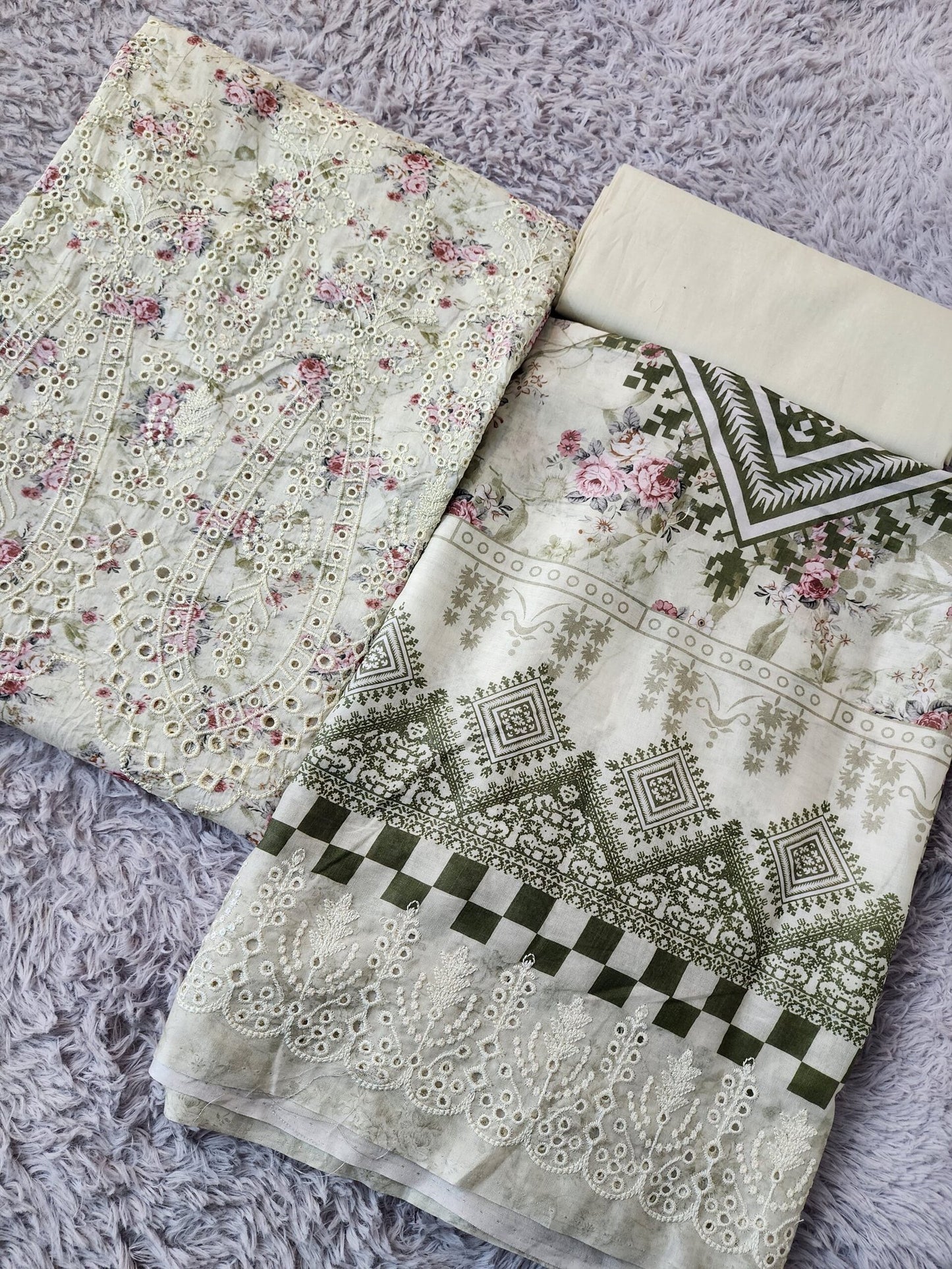 3 Piece Chikankari Suit With Pure Lawn Print Base Chikan Bore | Light Pista