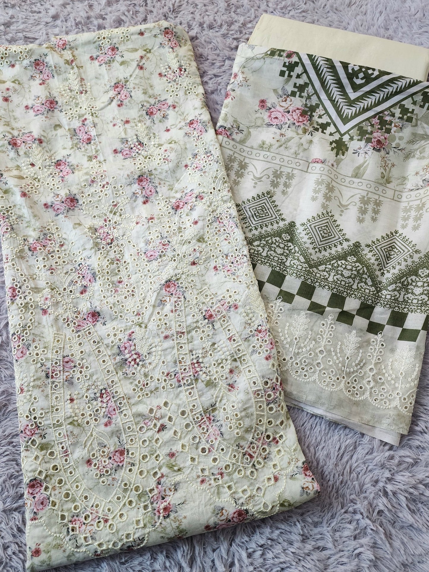 3 Piece Chikankari Suit With Pure Lawn Print Base Chikan Bore | Light Pista