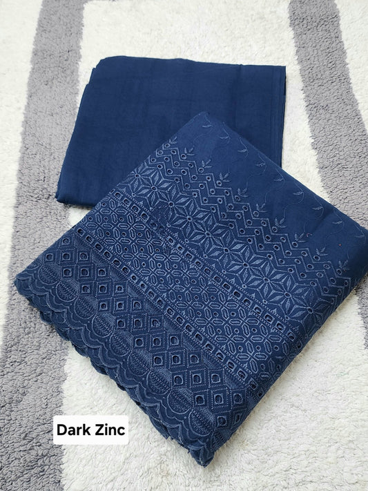 Chikankari Lawn 2 Piece Suit Daman Bore Long Length Suit | Dark Zinc