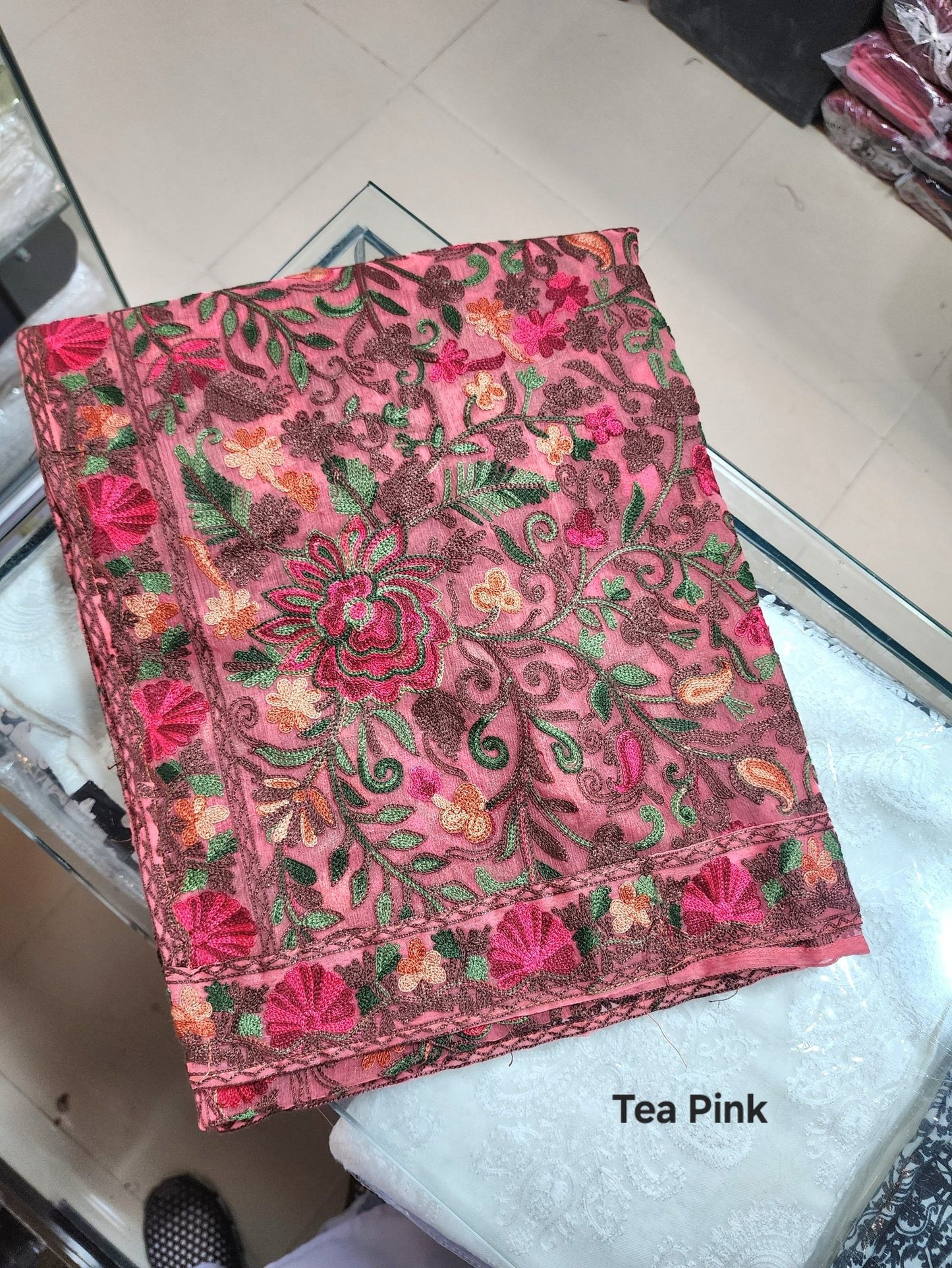 Crinkle Chiffon Aari Embroidered Dupatta Multi Color | Tea Pink