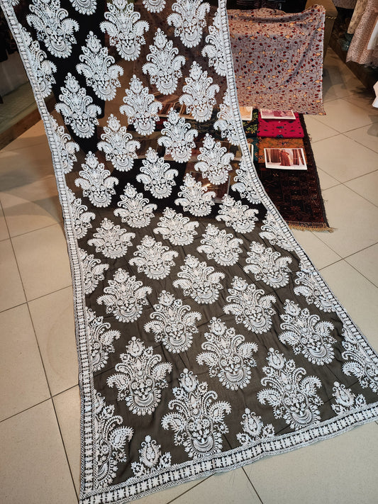 Crinkle Chiffon Embroidered Dupatta | Black With White