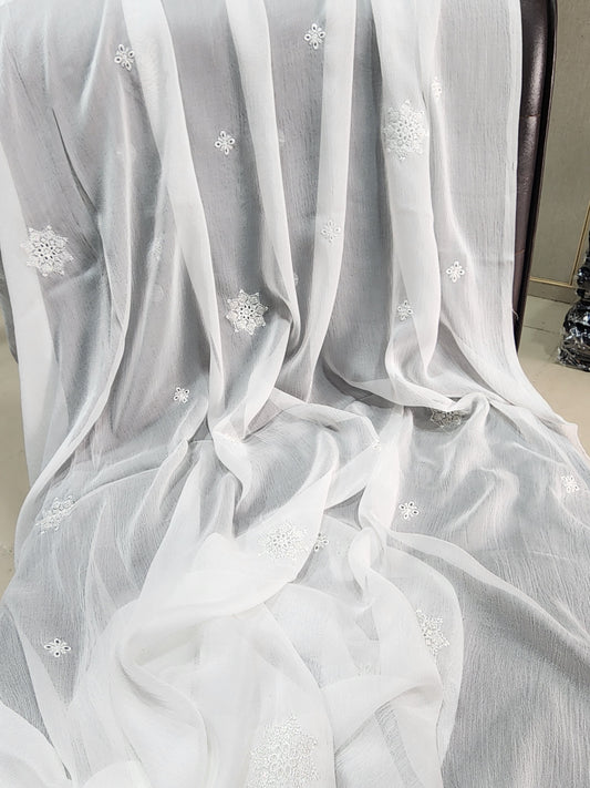 White Crinkle Chiffon Bouti Work Dyeable Embroidered Dupatta | CR309
