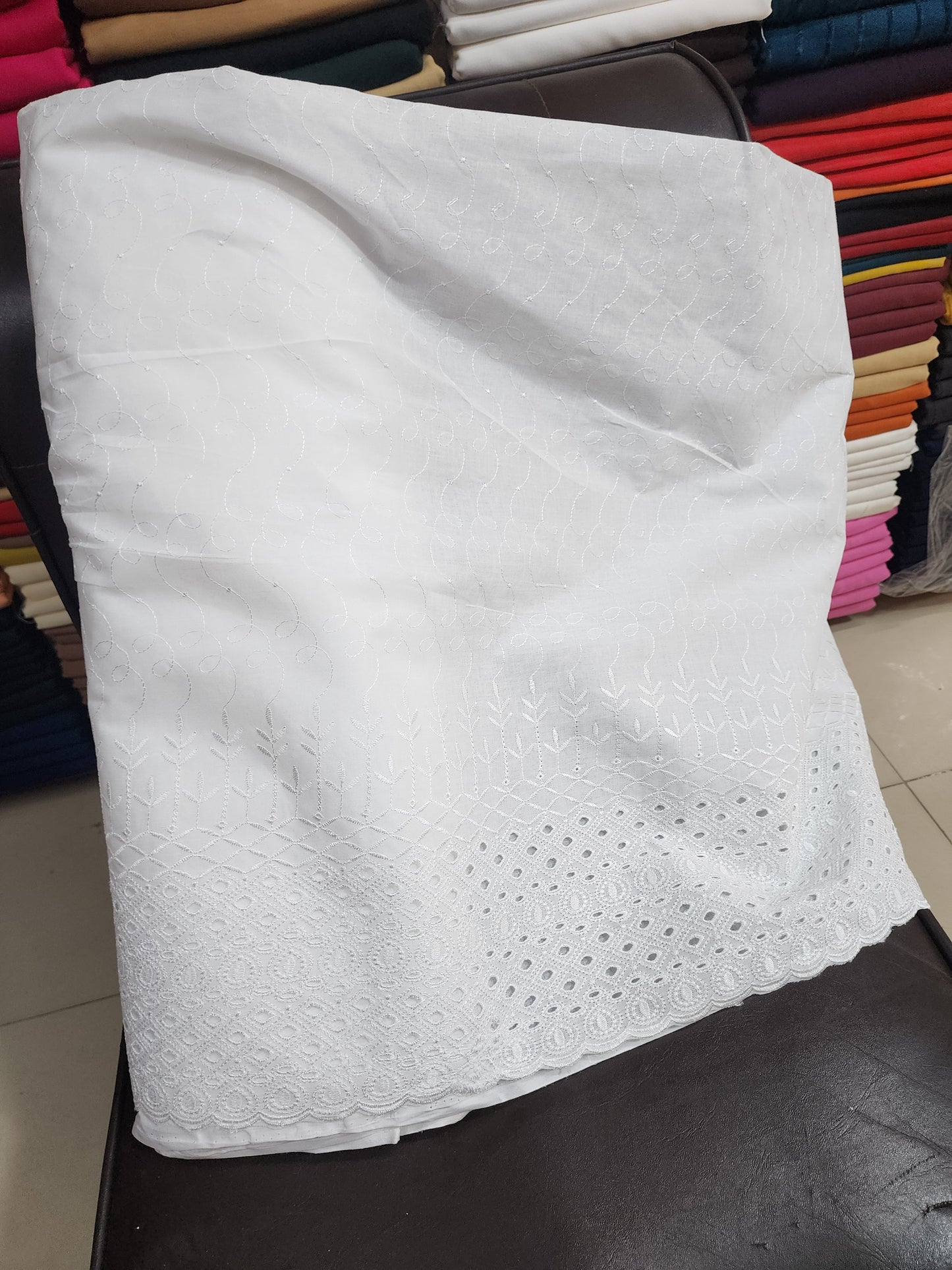 White Chikankari Border Trouser Fabric