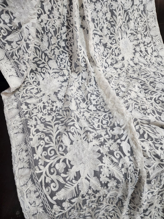 Crinkle Chiffon Gulabkar Embroidered Aar Work Dupatta | White