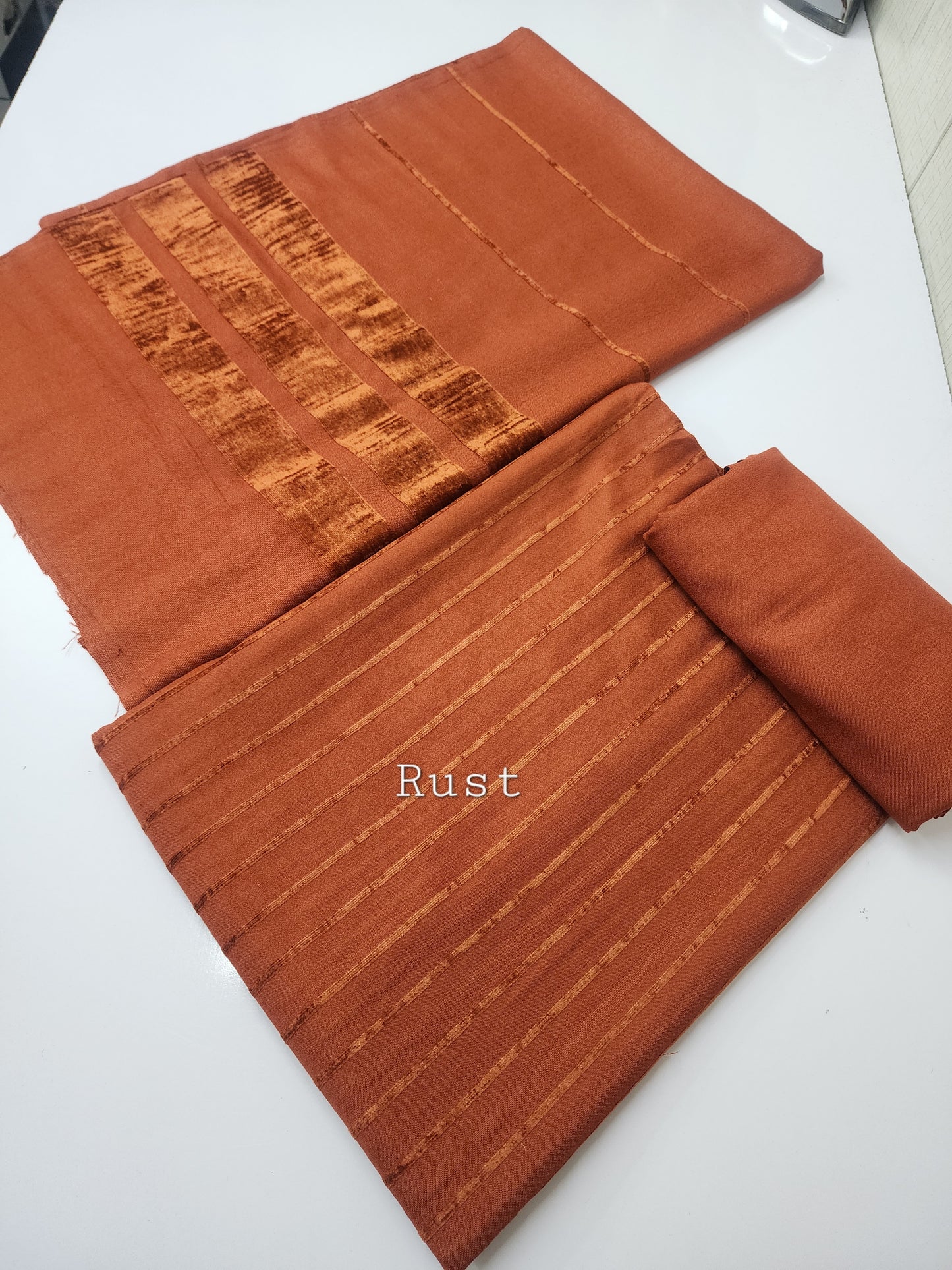 3 Piece Suit | Velvet Lining Marina Suit Allover With Shawl | New Arrival Beautiful Gift | Rust