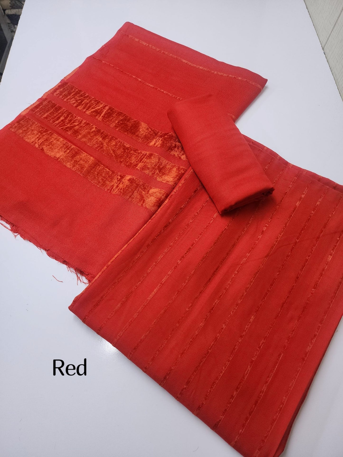 3 Piece Suit | Velvet Lining Marina Suit Allover With Shawl | New Arrival Beautiful Gift | Red