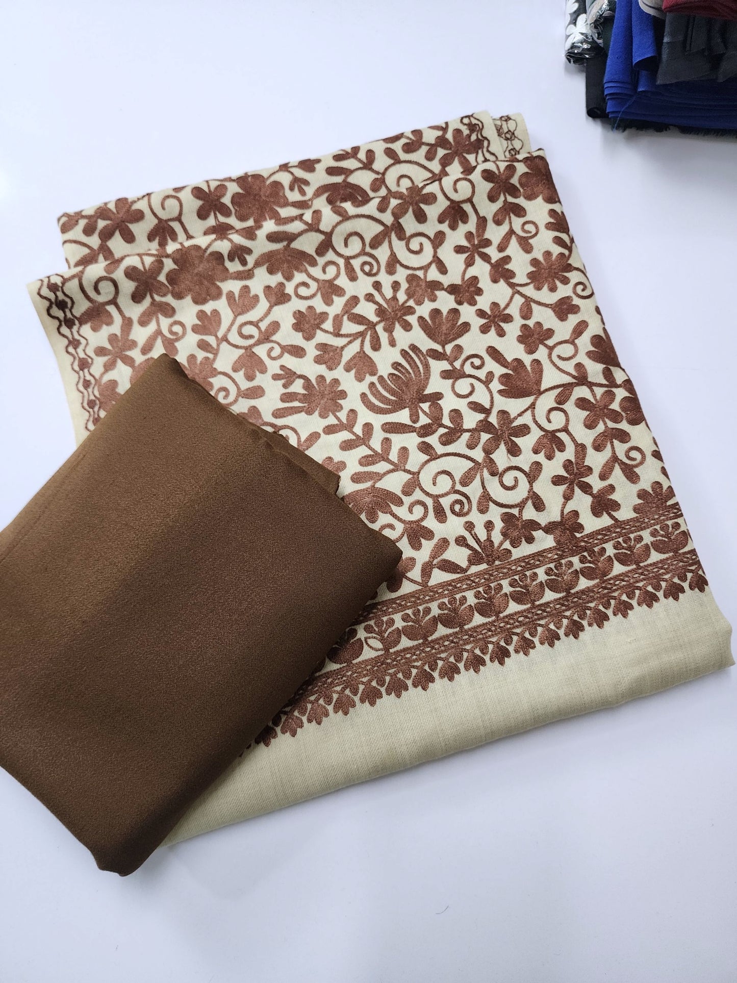 Pashmina 3 Piece Suit | Embroidered Shawl with Plain Suit Marina | Brown