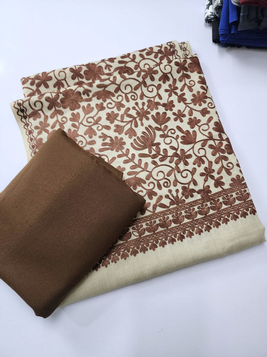 Pashmina 3 Piece Suit | Embroidered Shawl with Plain Suit Marina | Brown