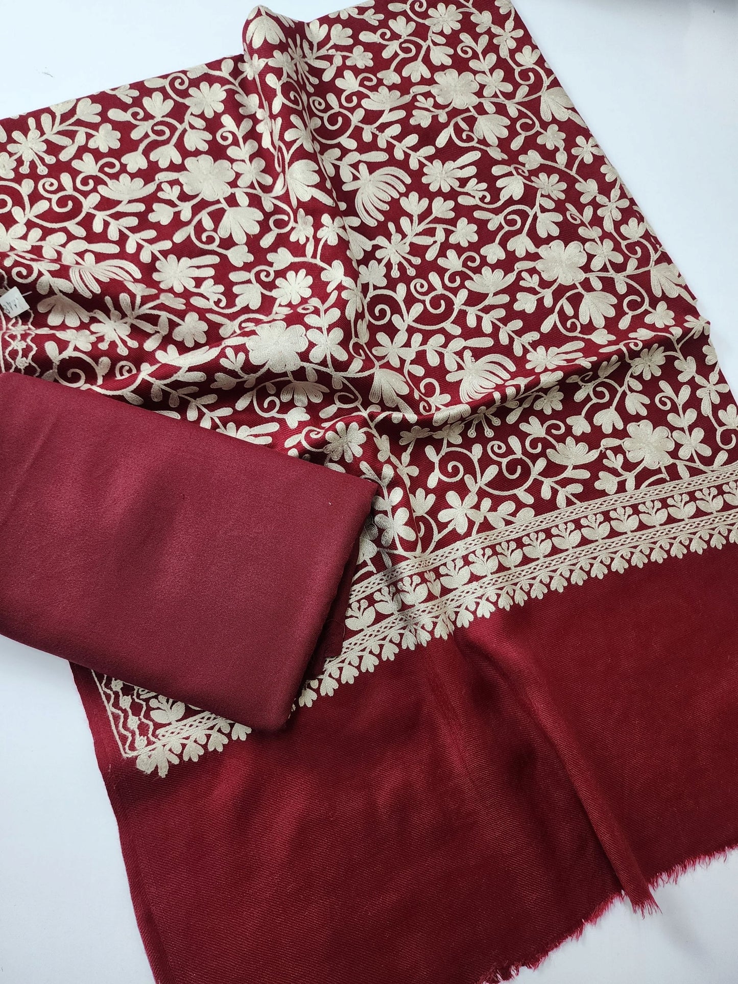 Pashmina 3 Piece Suit | Embroidered Shawl with Plain Suit Marina | Maroon