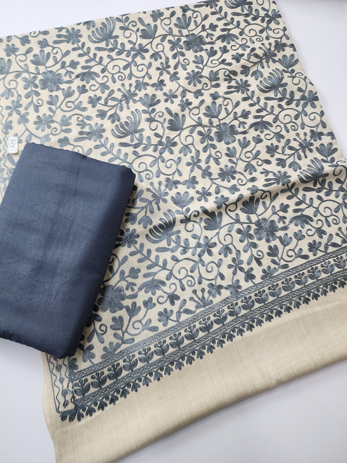 Pashmina 3 Piece Suit | Embroidered Shawl with Plain Suit Marina | Grey