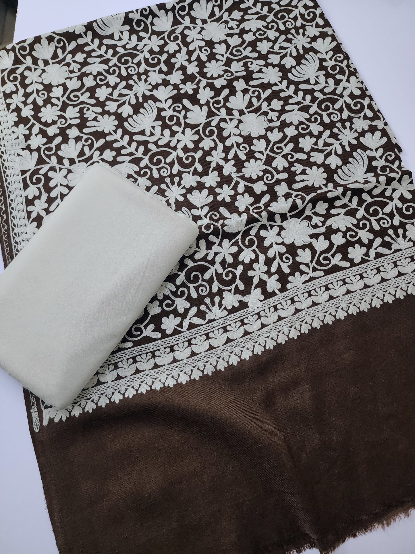 Pashmina 3 Piece Suit | Embroidered Shawl with Plain Suit Marina | Off White With Dark Brown