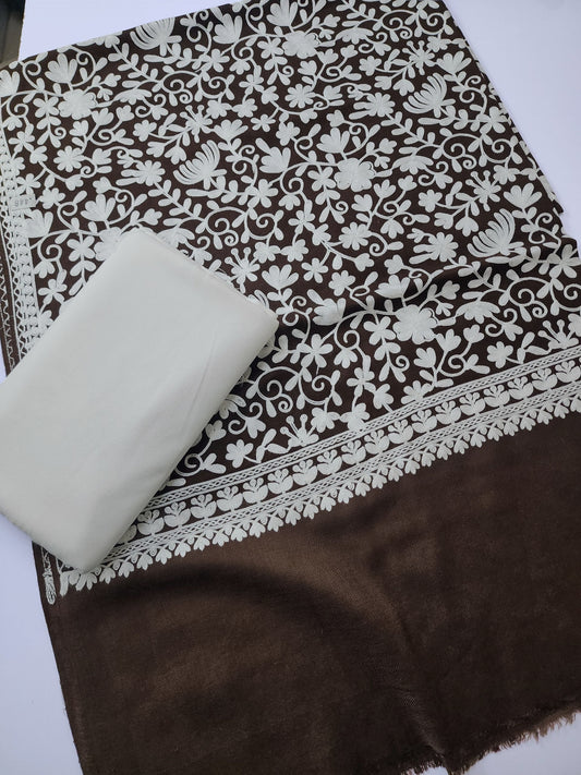 Pashmina 3 Piece Suit | Embroidered Shawl with Plain Suit Marina | Off White With Dark Brown
