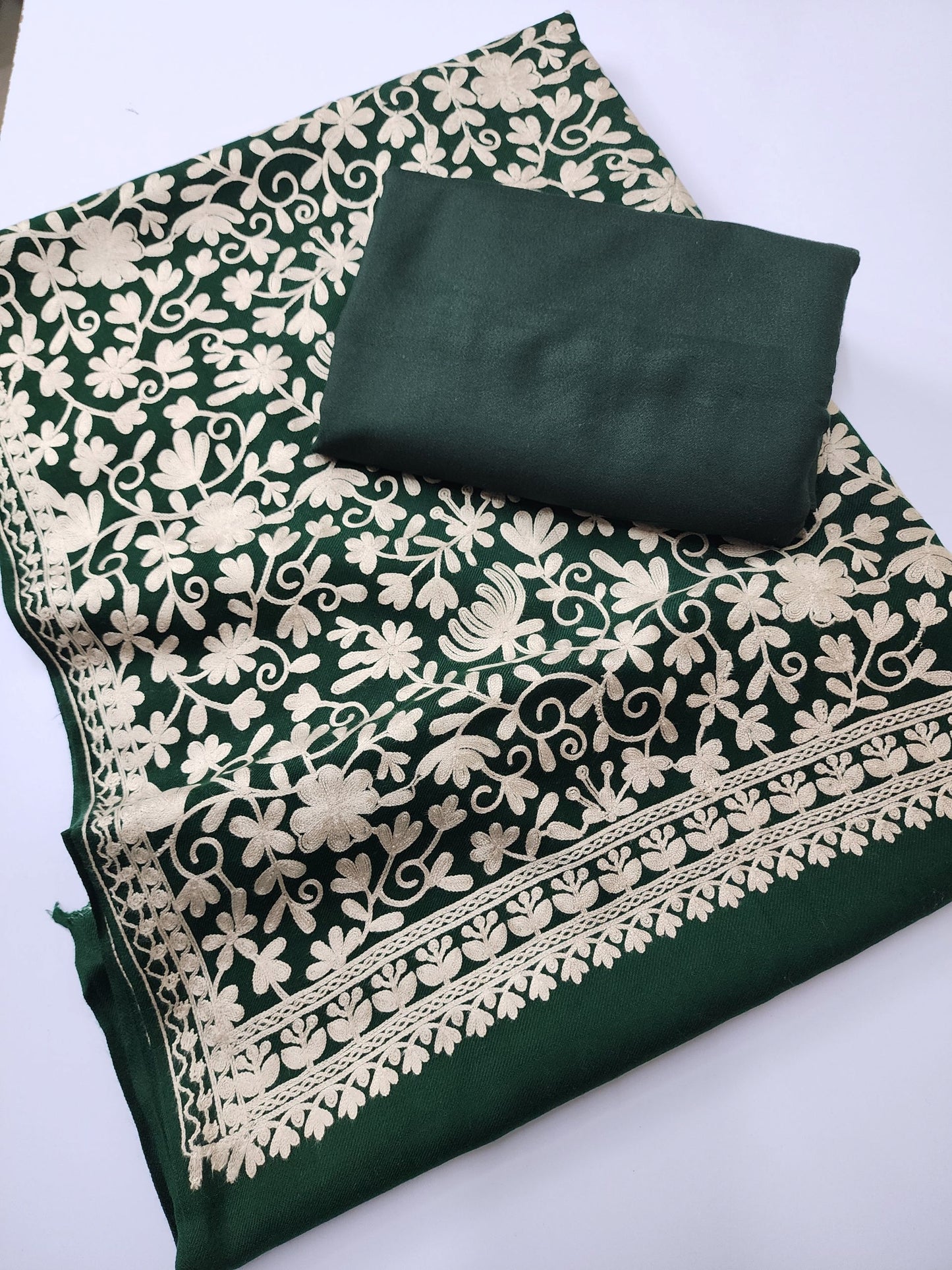 Pashmina 3 Piece Suit | Embroidered Shawl with Plain Suit Marina | Dark Green