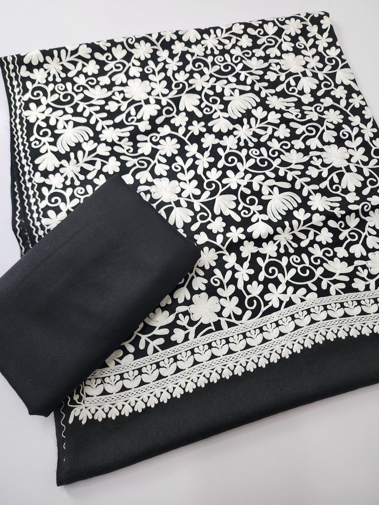 Pashmina 3 Piece Suit | Embroidered Shawl with Plain Suit Marina | Black