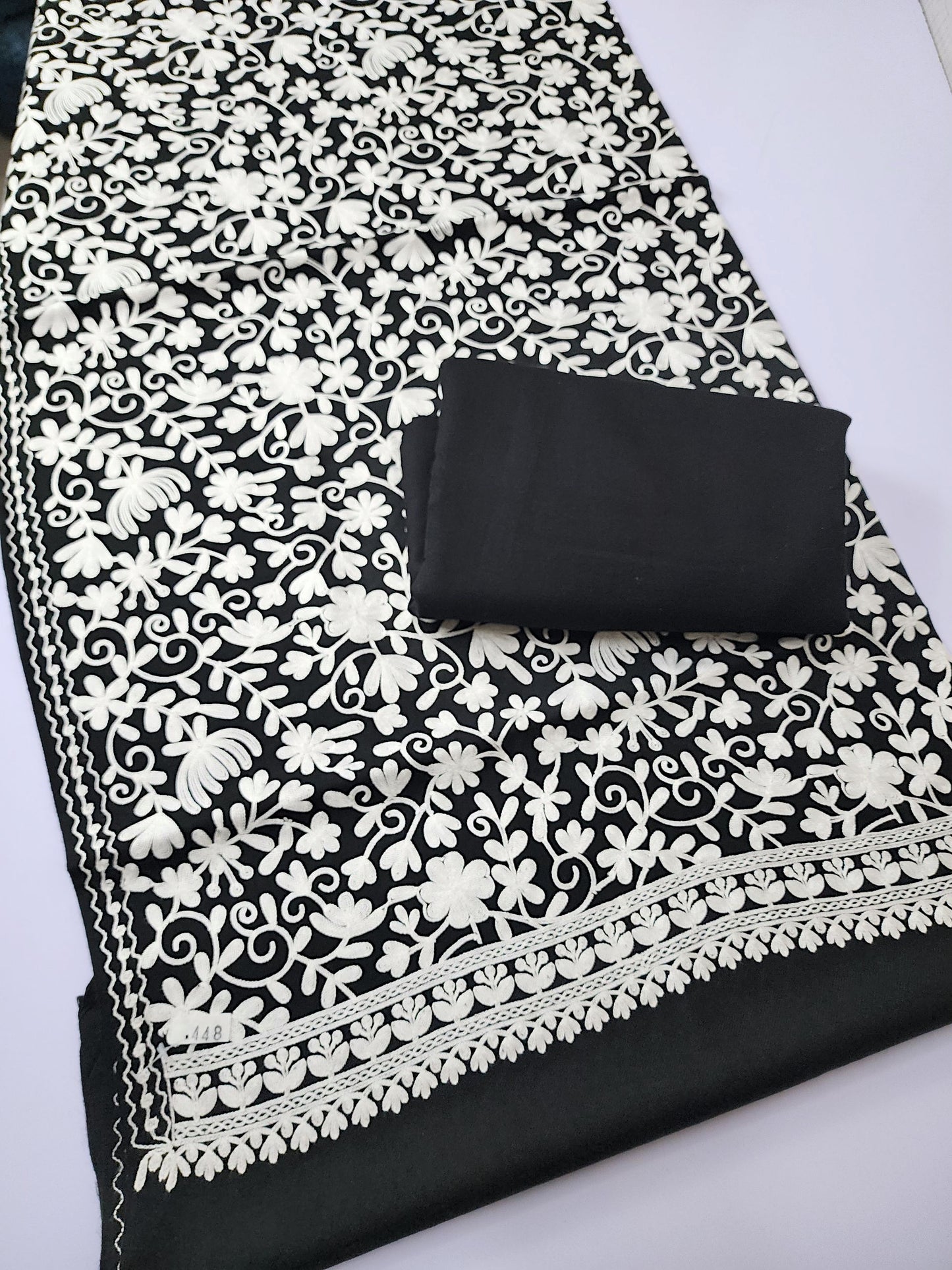 Pashmina 3 Piece Suit | Embroidered Shawl with Plain Suit Marina | Black