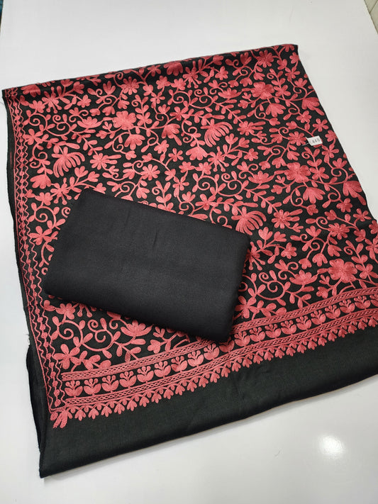 Pashmina 3 Piece Suit | Embroidered Shawl with Plain Suit Marina | Black