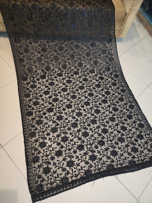 Crinkle Chiffon Embroidered Dupatta | Black Flower Jaal