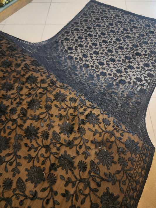 Crinkle Chiffon Embroidered Dupatta | Black Flower Jaal