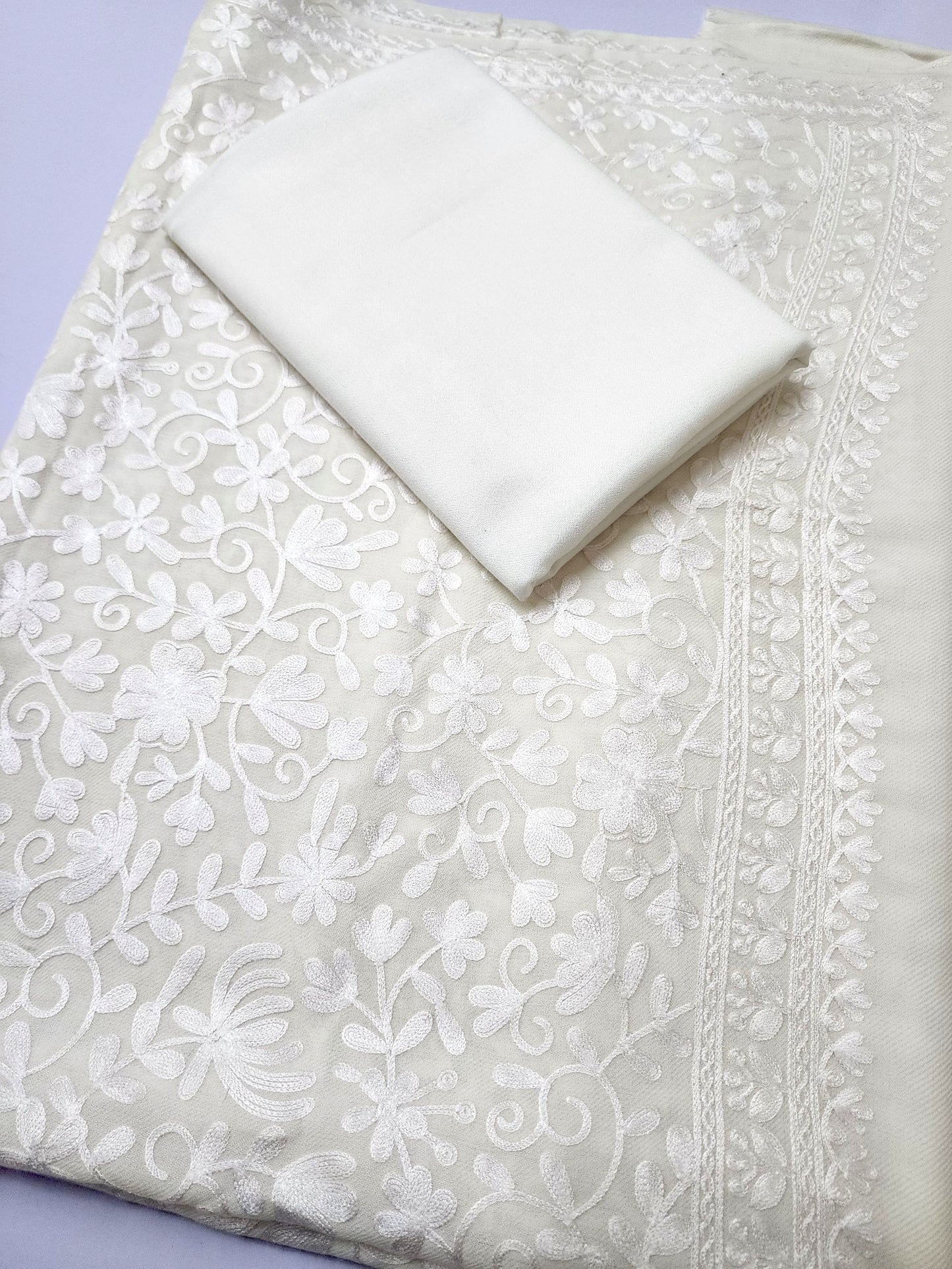 Pashmina 3 Piece Suit | Embroidered Shawl with Plain Suit Marina | White