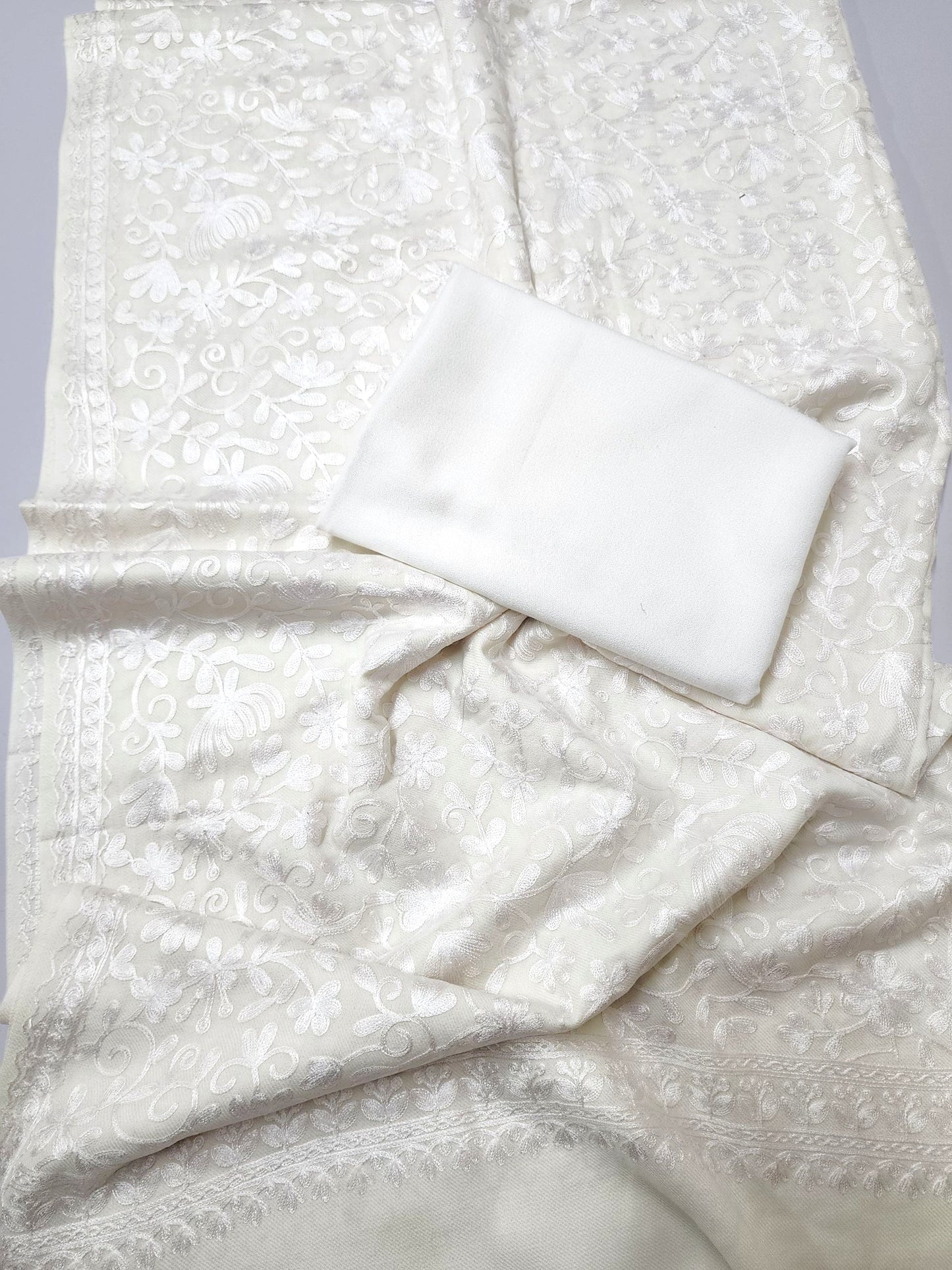Pashmina 3 Piece Suit | Embroidered Shawl with Plain Suit Marina | White
