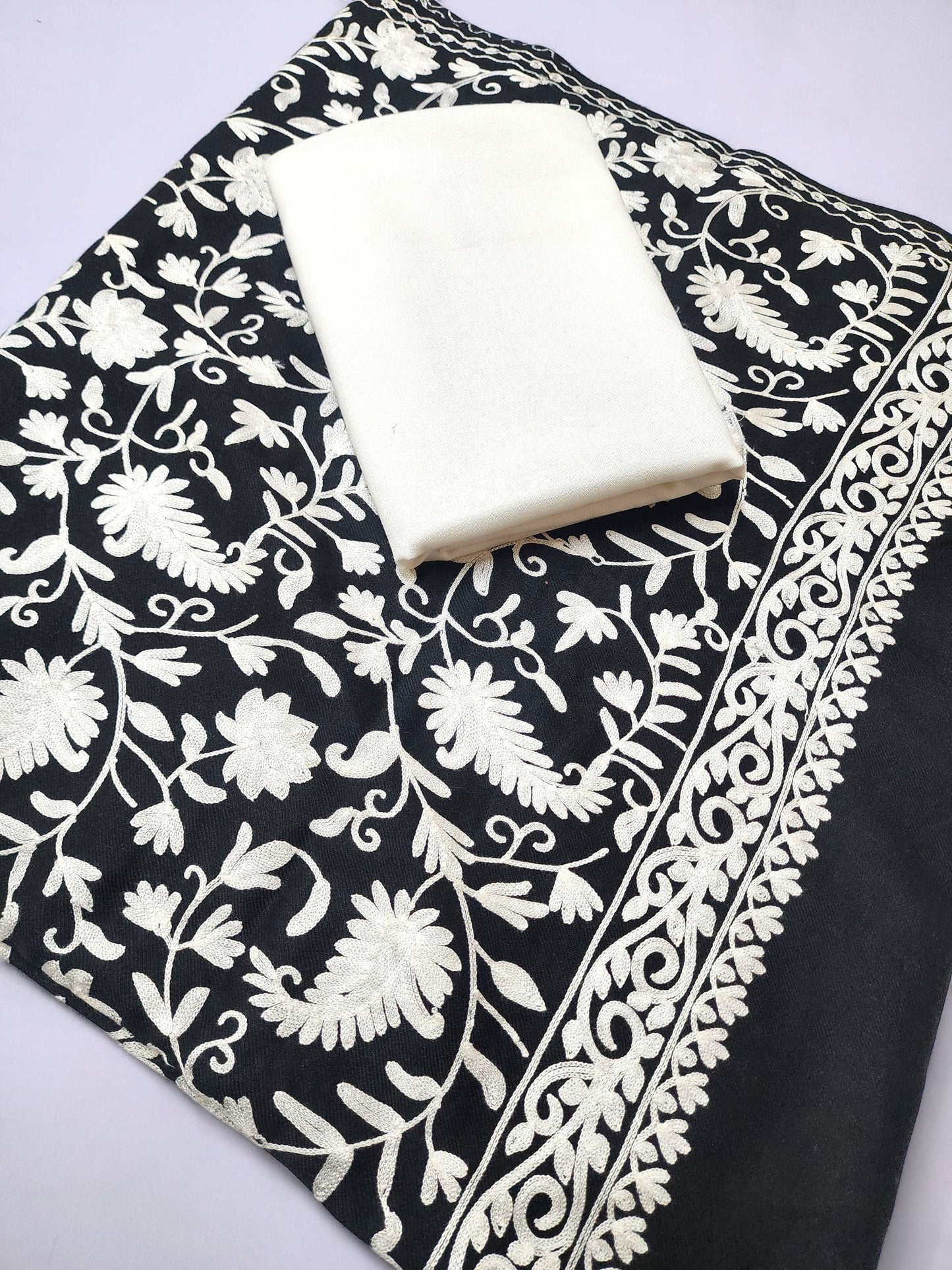 Pashmina 3 Piece Suit | Embroidered Shawl with Plain Suit Marina | Black