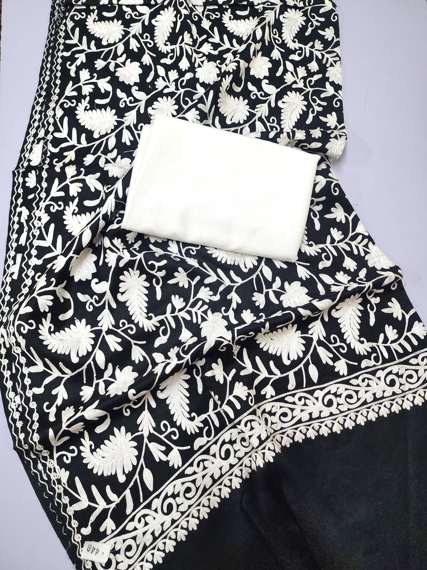 Pashmina 3 Piece Suit | Embroidered Shawl with Plain Suit Marina | Black
