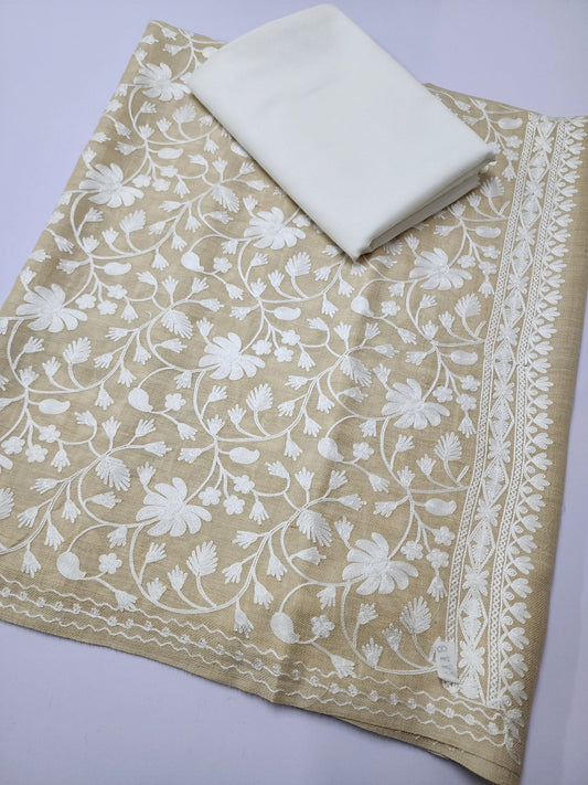 Pashmina 3 Piece Suit | Embroidered Shawl with Plain Suit Marina | Skin