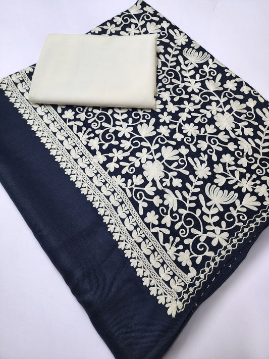 Pashmina 3 Piece Suit | Embroidered Shawl with Plain Suit Marina | Blue