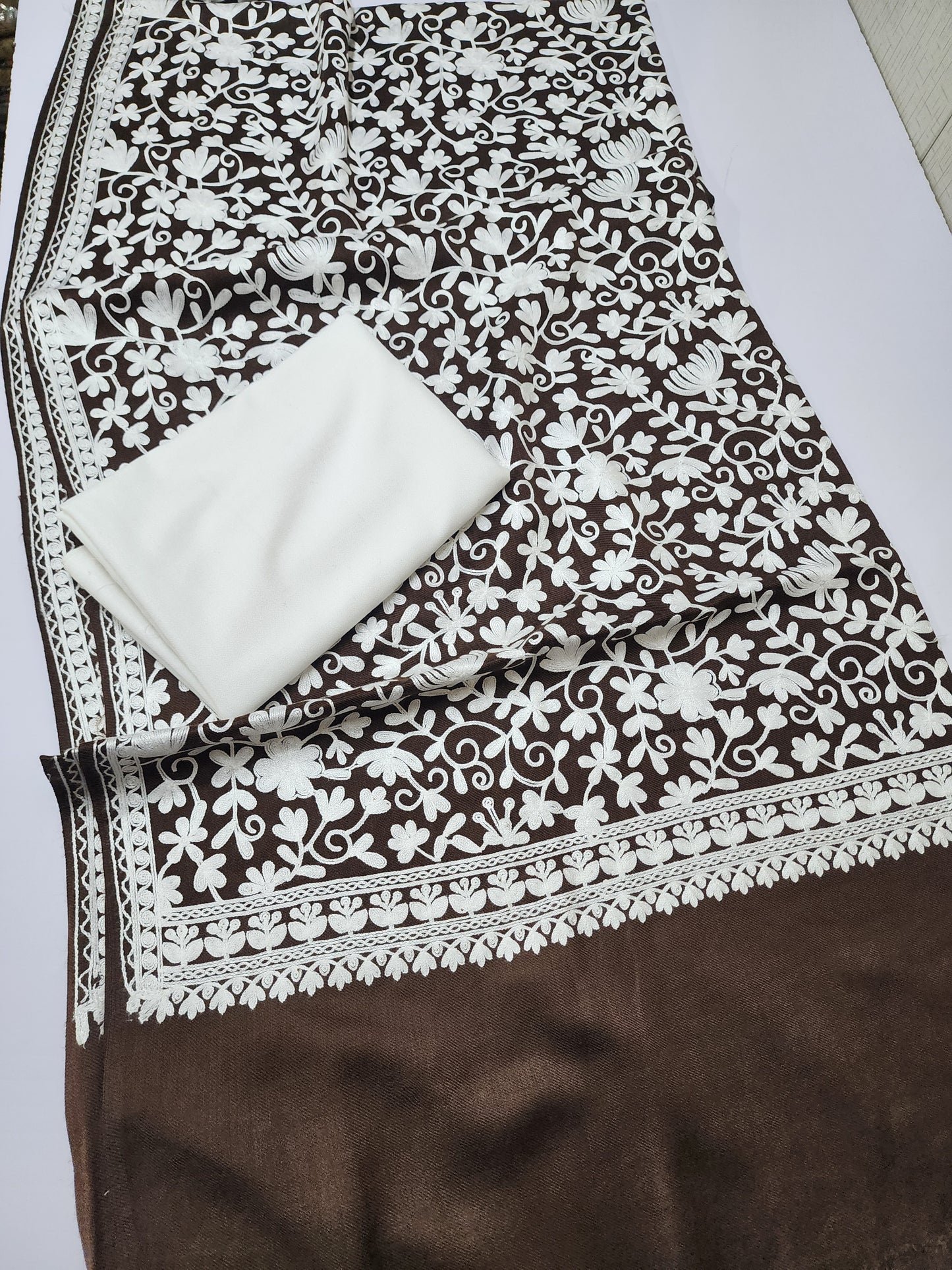 Pashmina 3 Piece Suit | Embroidered Shawl with Plain Suit Marina | Brown