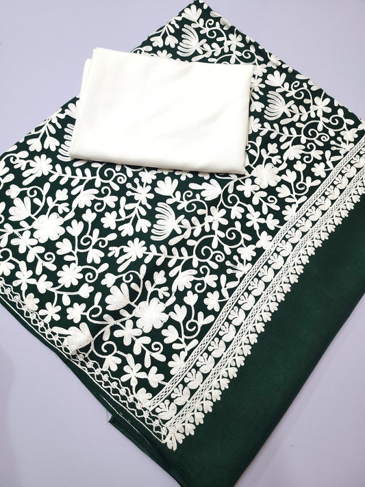 Pashmina 3 Piece Suit | Embroidered Shawl with Plain Suit Marina | Green