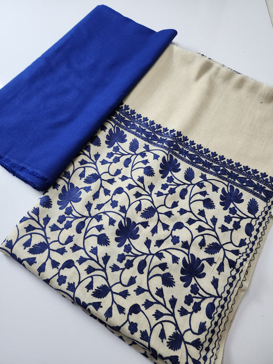 Pashmina 3 Piece Suit | Embroidered Shawl with Plain Suit Marina | Blue