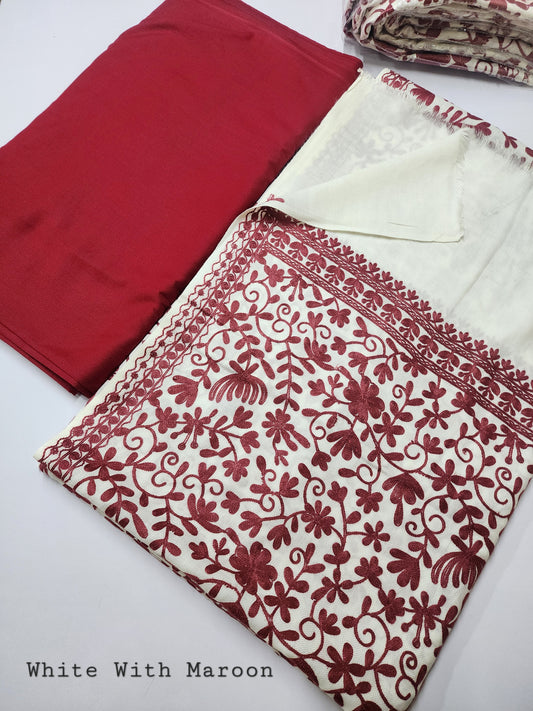 Pashmina 3 Piece Suit | Embroidered Shawl with Plain Suit Marina | White Maroon