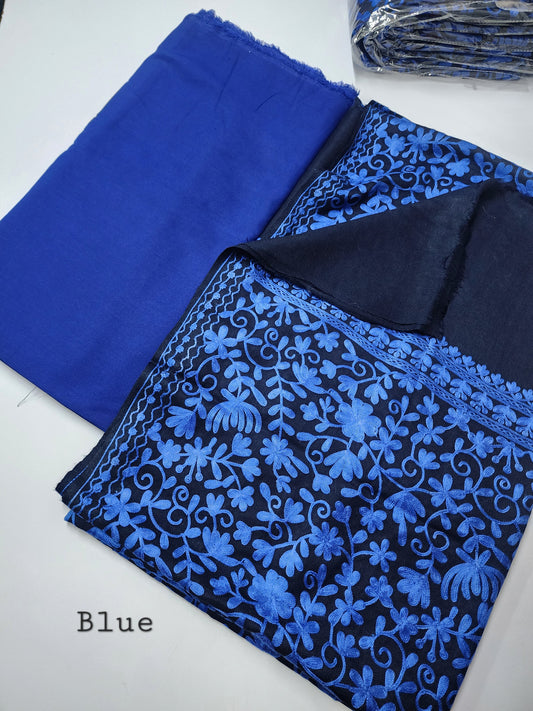 Pashmina 3 Piece Suit | Embroidered Shawl with Plain Suit Marina | Blue