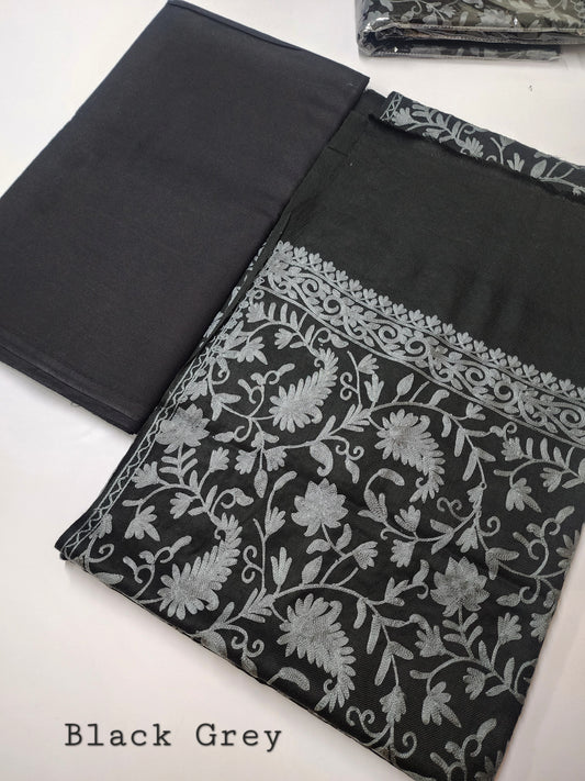 Pashmina 3 Piece Suit | Embroidered Shawl with Plain Suit Marina | Black Grey
