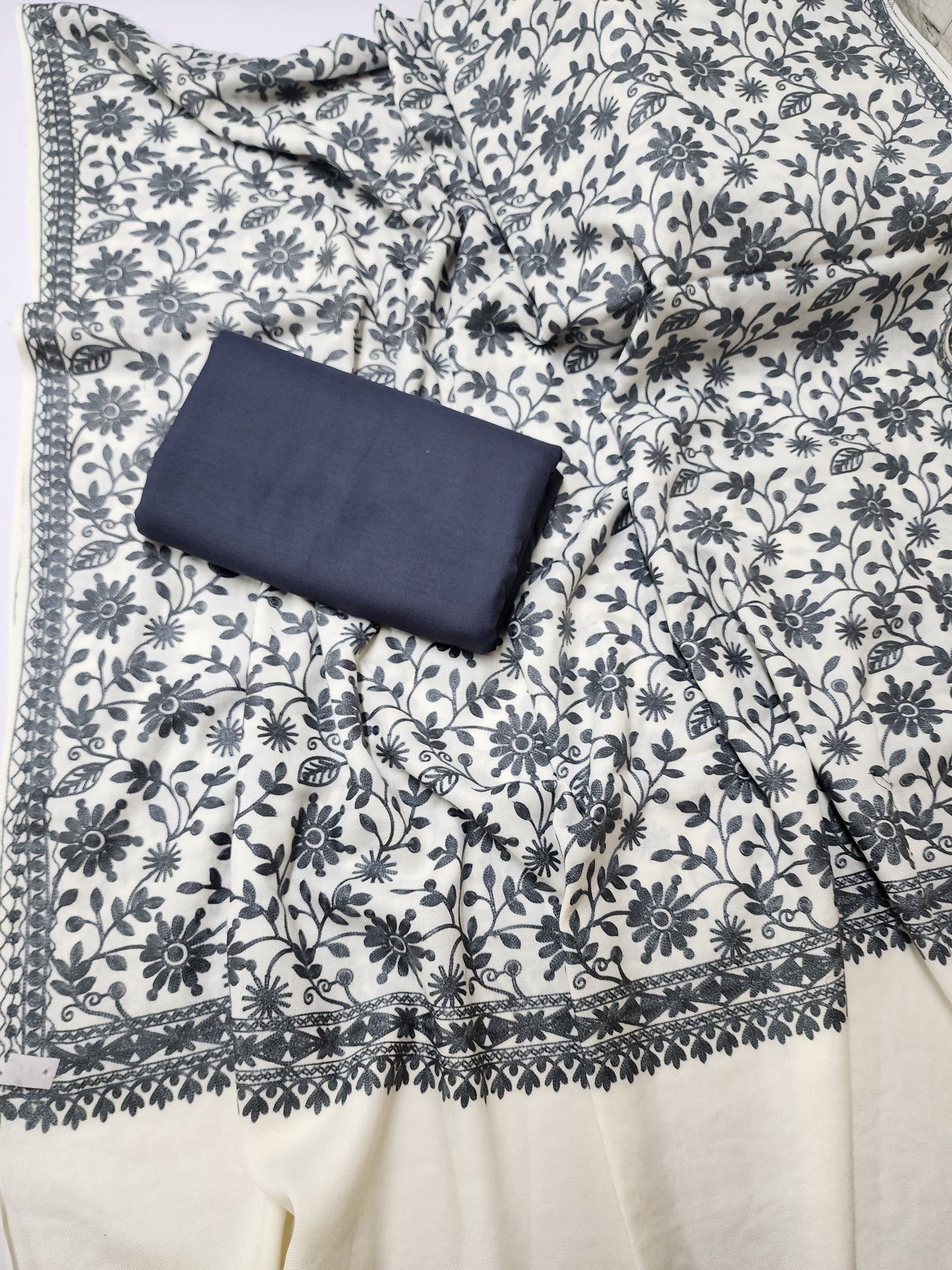 Pashmina 3 Piece Suit | Embroidered Shawl with Plain Suit Marina | Grey